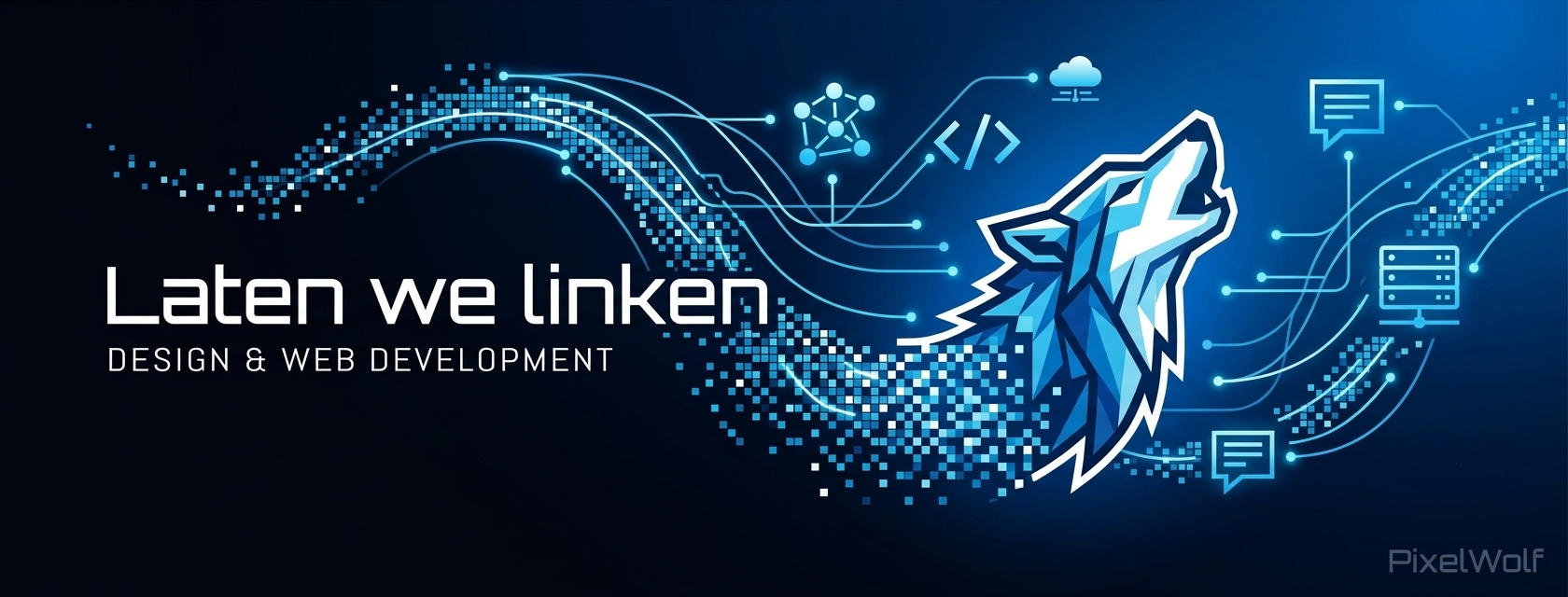 PixelWolf Facebook cover with wolf logo and digital circuit design